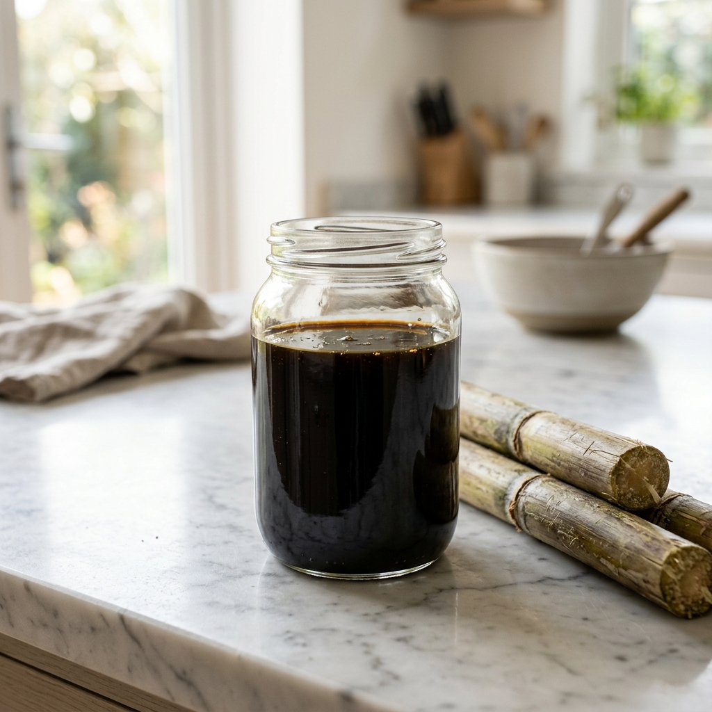 Vergleich von klarem Sirup und dunkler, dickflüssiger Melasse im Glas