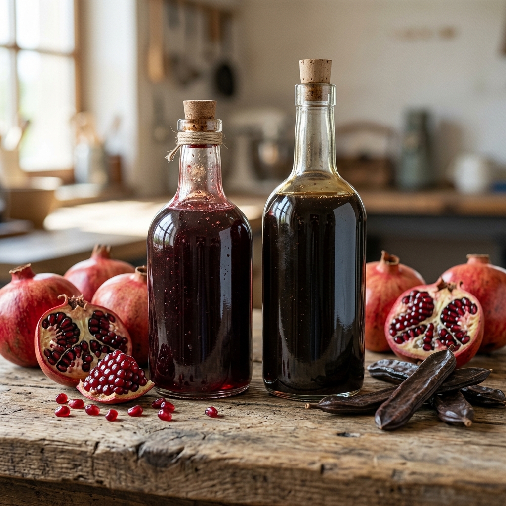 Reine Glasflaschen mit Fruchtmelasse auf rustikalem Tisch, fotorealistisch