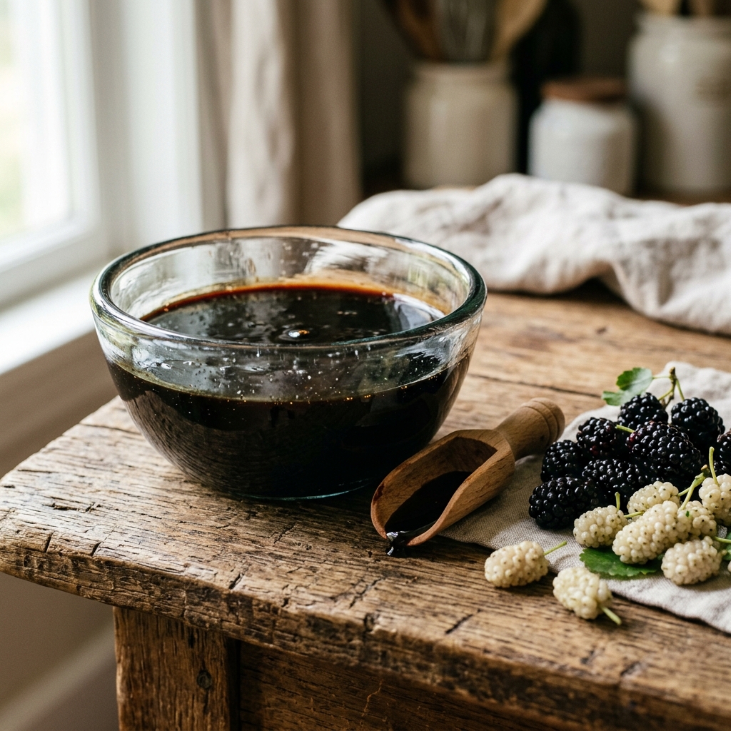 Dunkle Maulbeeren Melasse im Glas neben frischen weißen und schwarzen Maulbeeren