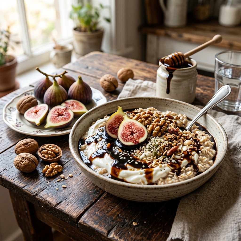 Gesunde Frühstücksbowl mit Melasse, Joghurt und Früchten