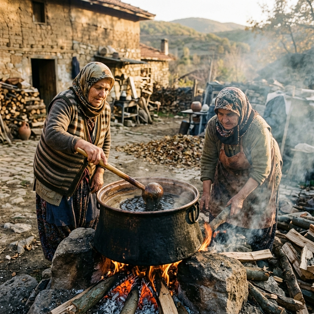 Anatolische Frauen beim traditionellen Einkochen von Melasse im Kupferkessel