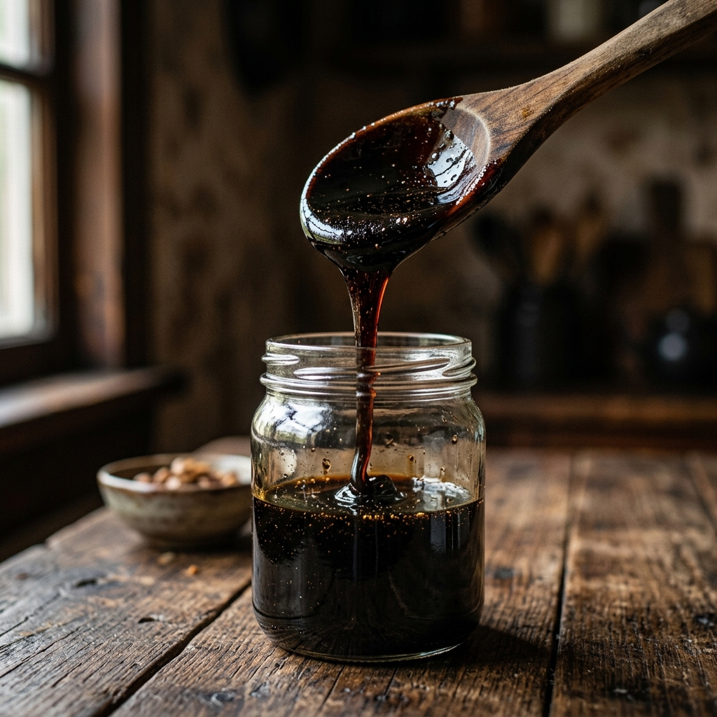 Schwarze Zuckerrohrmelasse im Glas, photorealistic texture
