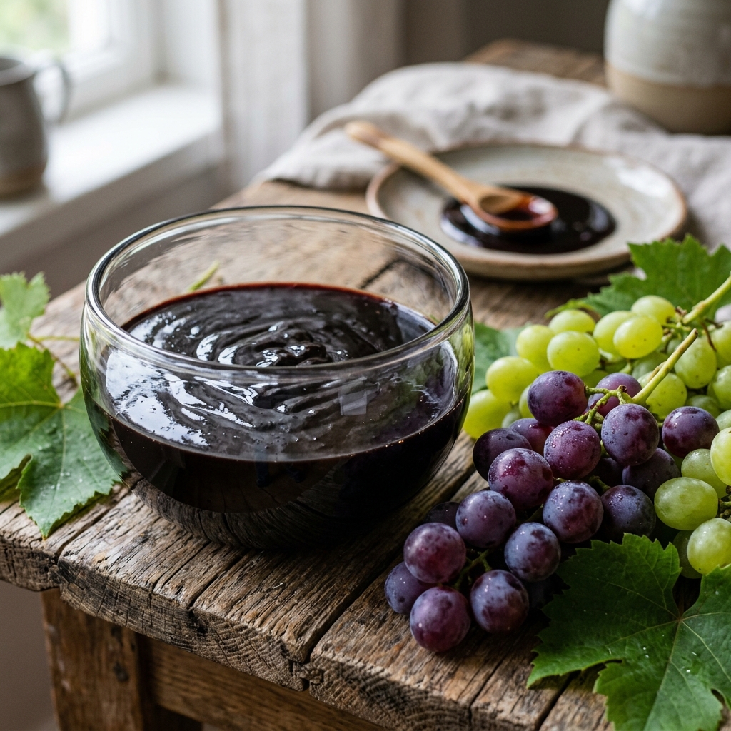 Dunkle Traubenmelasse im Glas neben frischen violetten und grünen Trauben