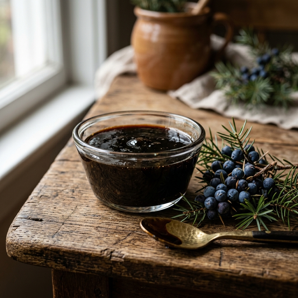 Dunkle Andiz Melasse im Glas neben frischen Wacholderbeeren und Kiefernzweigen